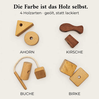 KAWI Senso Holzformen nach Holzart sortiert: Ahorn, Kirsche, Buche und Birke, geölt statt lackiert